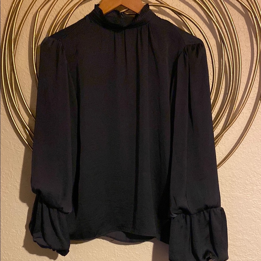 Tahari Black and Blue Blouse with Dramatic Sleeves